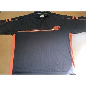Mens 2XL HARLEY‎ DAVIDSON Black Orange Cotton Polo Collared Shirt Mechanic Style